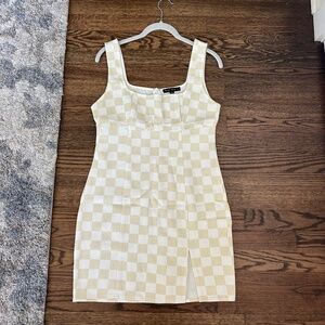 White & Light Yellow Checkered Denim Women's Mini Dress
